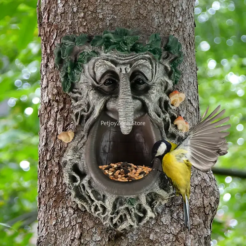 Home Decor Statue - 屋外庭園用ツリーフェイス型野鳥用餌入れ、大きな口のキノコ型ツリーフェイス鳥用餌入れ、家の装飾用置物