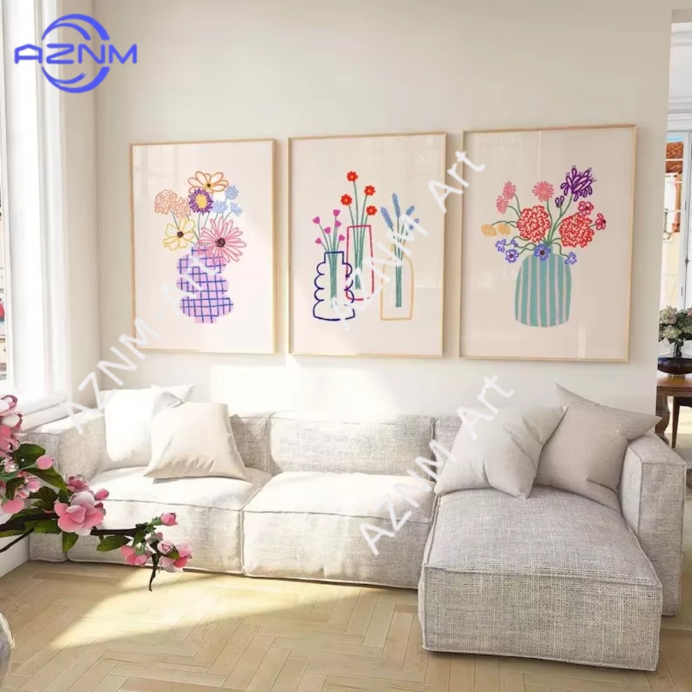 Home Decor Market - 1/3 個抽象花瓶パステル花束ポスターレトロフラワーマーケットキャンバス絵画壁アート部屋の家の装飾用