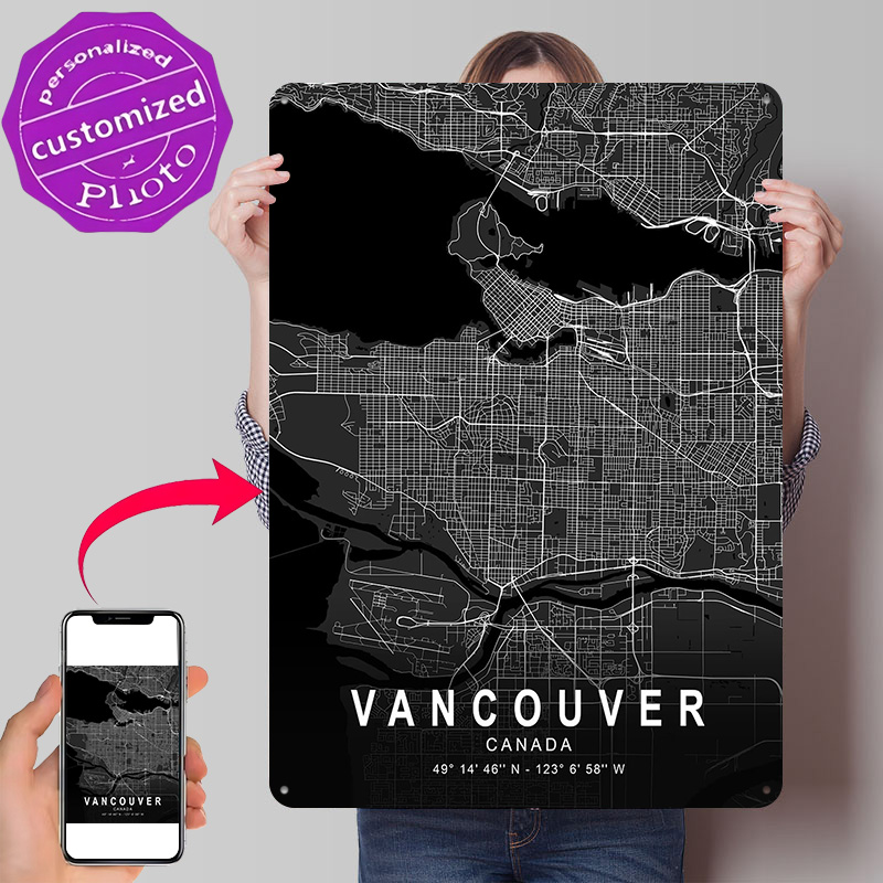 Home Decor Vancouver - バンクーバーダークマップ3Dプリントテクスチャポスターパーソナライズされたウォールアートレトロメタルティンサイン家の装飾用オーナメントワンドデコルーム