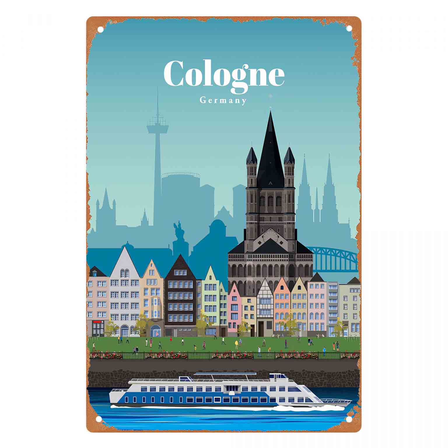 Germany Home Decor - 2Dフラット1個入り「ケルンドイツ都市風景」メタルウォールサイン装飾、家庭、カフェ、ガレージ、寝室、ポーチ、庭用