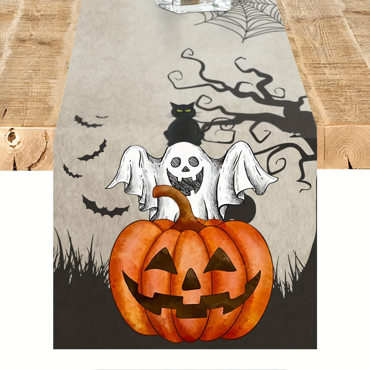 Home Decor Market - ハロウィンゴーストテーマテーブルフラッグ1個、カボチャと黒猫のパターン、パーティー、レストラン、自宅、市場、休日の装飾シーンに最適。
