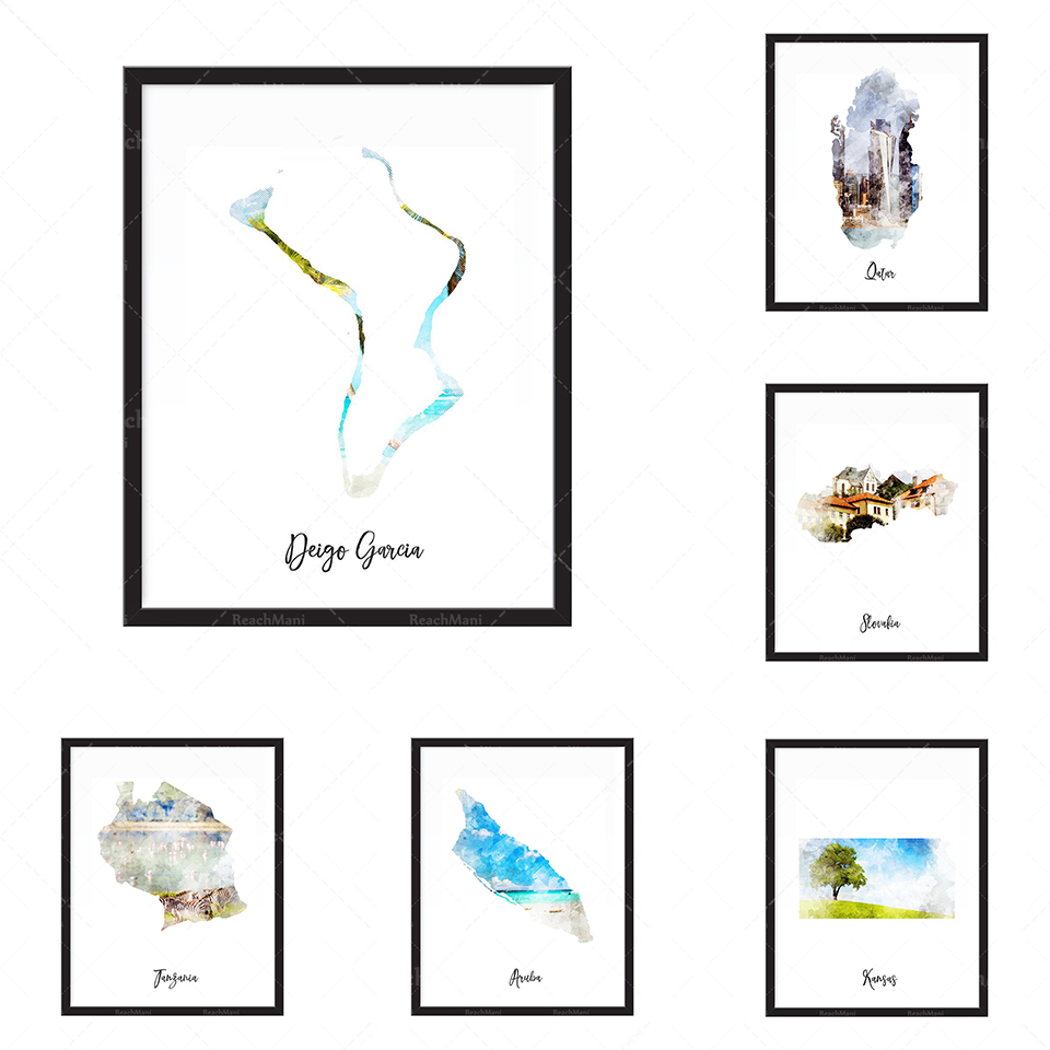 Home Decor Qatar - カタール水彩画プリント - 地図、国、地図、旅行、印刷、壁掛けアート、家の装飾、大きな壁アートG