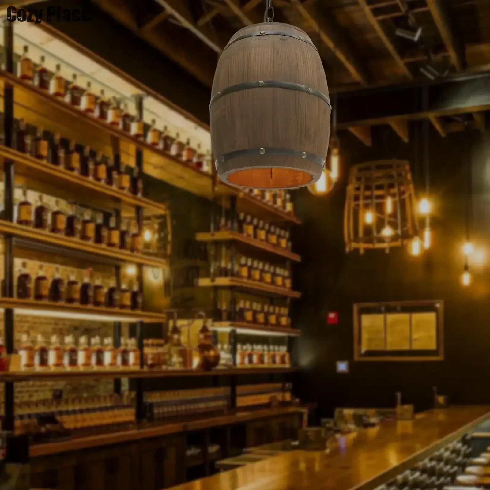 Home Decor Lighting - 素朴なランプヴィンテージシャンデリア木製ペンダントライトワイン樽吊り下げランプ家の装飾リビングルームバーカフェ照明E26