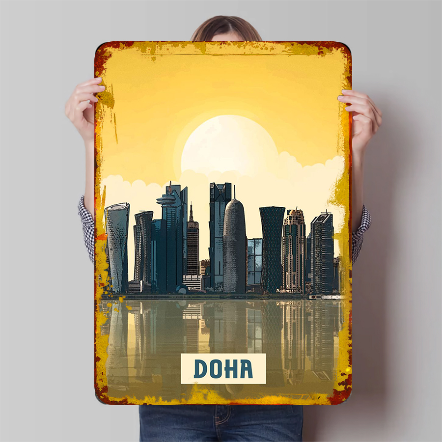 Home Decor Qatar - ドーハのスカイラインメタルウォールアート、カタール都市景観装飾、モダンなホームオフィス装飾絵画