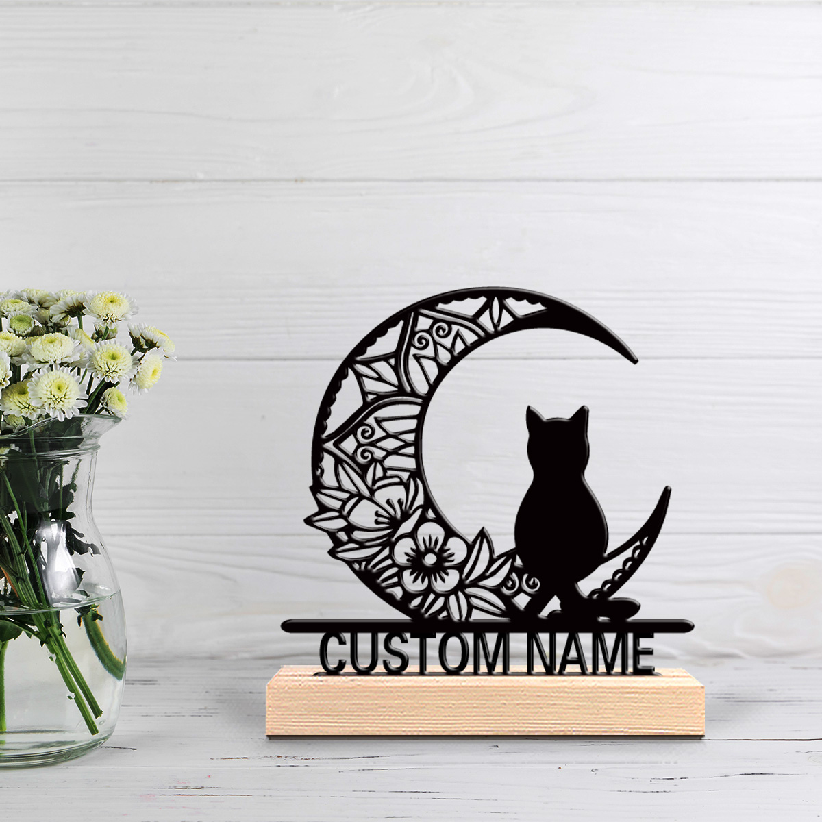Home Decor Statue - 1個入り 抽象的な月猫のパーソナライズテキスト入りブリキ像 金属製オーナメント 木製ベース付き鉄製オーナメント ホームデコレーション用