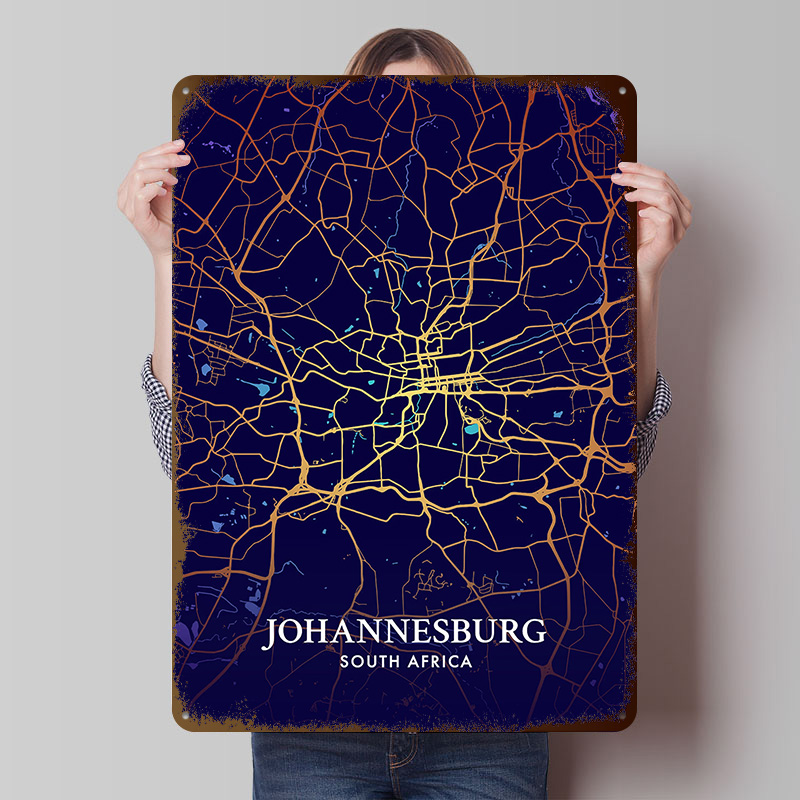 Home Decor Johannesburg - ヨハネスブルグ市内地図ポスターカスタマイズされたヴィンテージメタルサインウォールアートレトロブリキプラークモダンな家の装飾高級住宅用