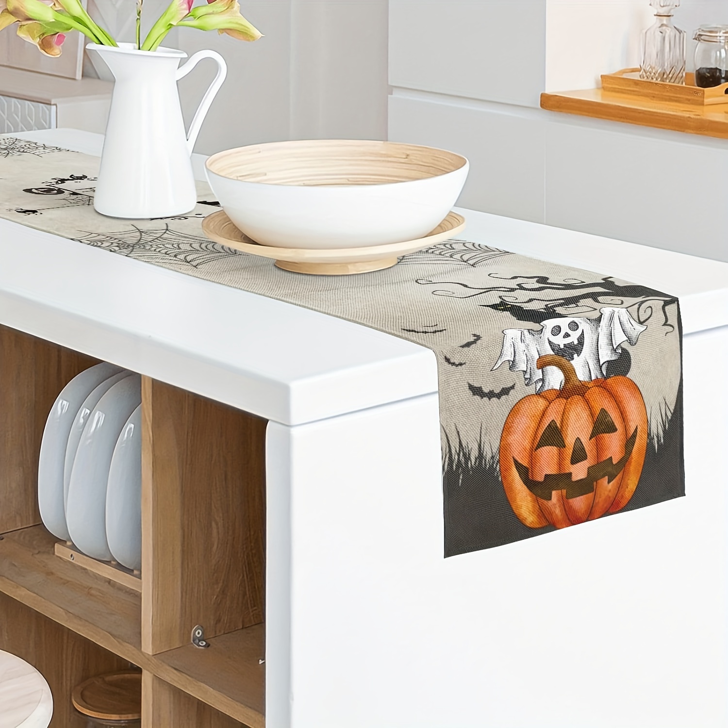 ハロウィンゴーストテーマテーブルフラッグ1個、カボチャと黒猫 - Home Decor Market のレビューと価格