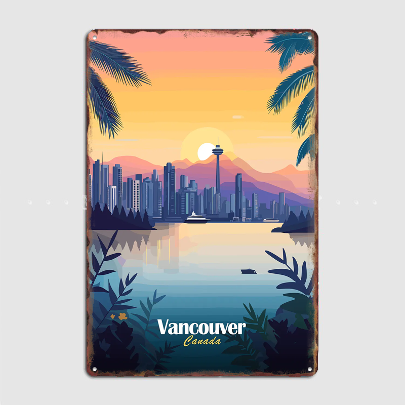 バンクーバースカイライン日没旅行風景ポスターレトロガレージク - Home Decor Vancouver のレビューと価格
