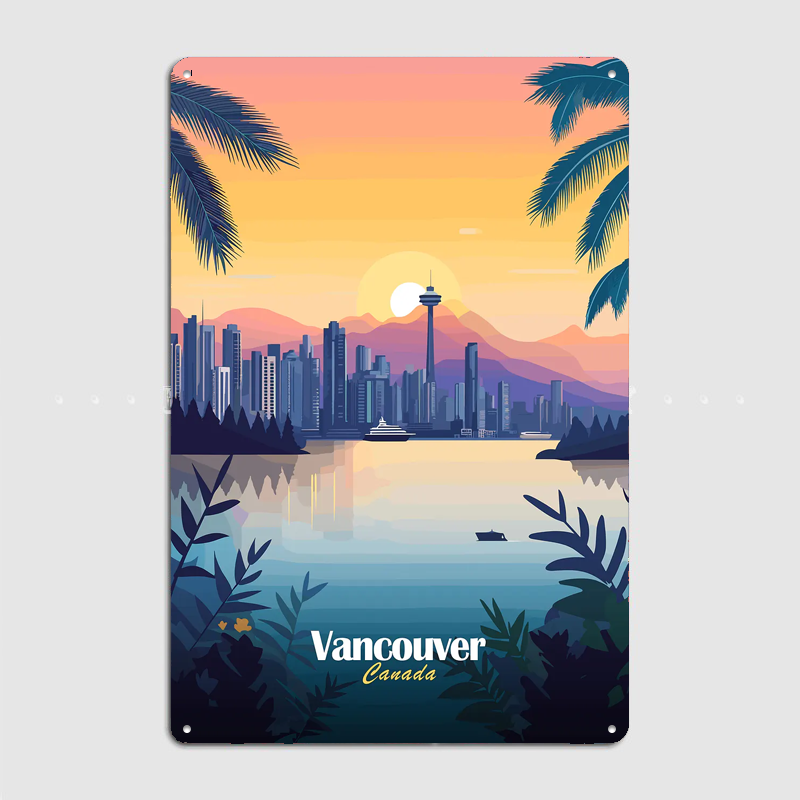 バンクーバースカイライン日没旅行風景ポスターレトロガレージク - Home Decor Vancouver のレビューと価格