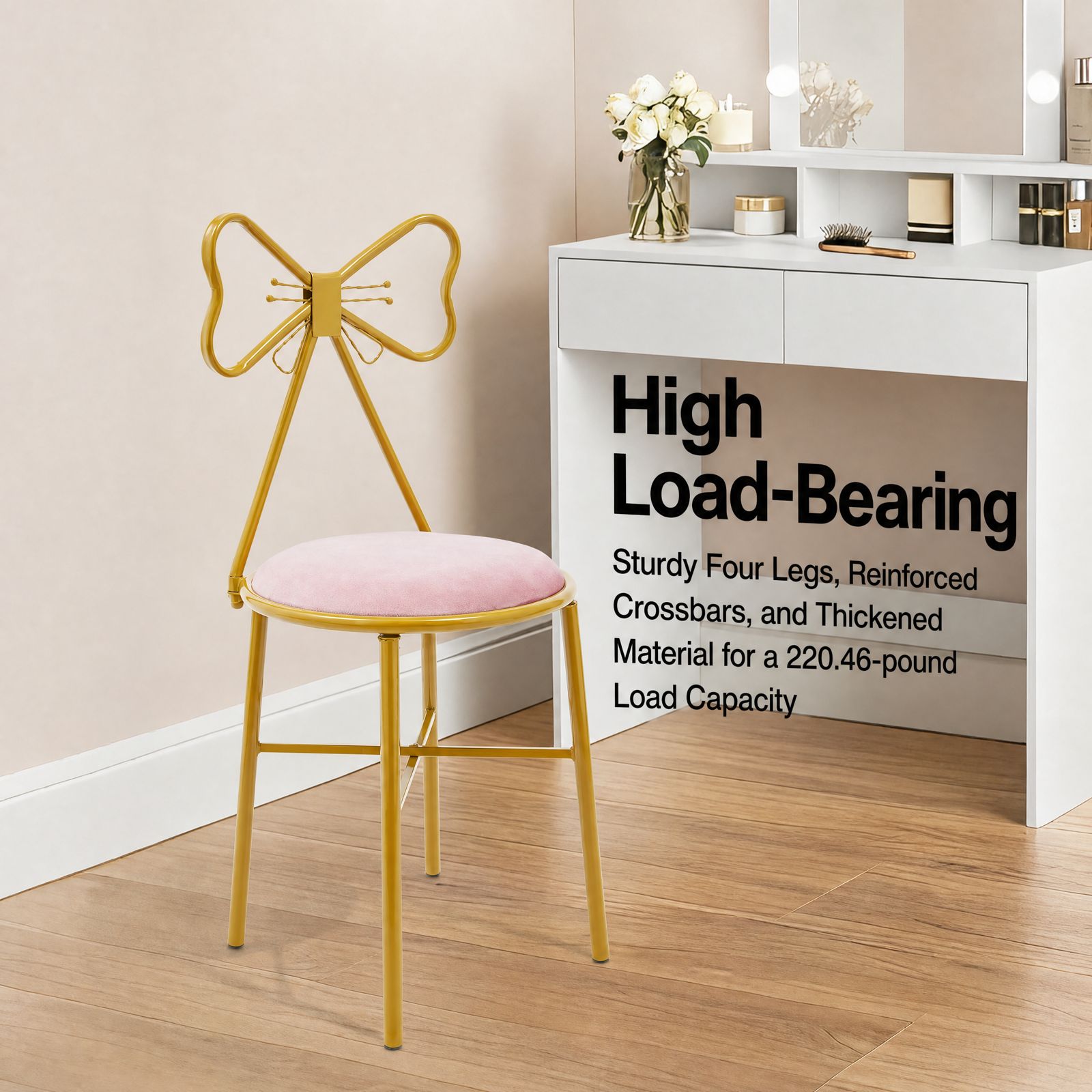 ピンクの蝶の背もたれ付き化粧椅子 ゴールドプラスチック塗装鉄 - Home Decor Furniture のレビューと価格