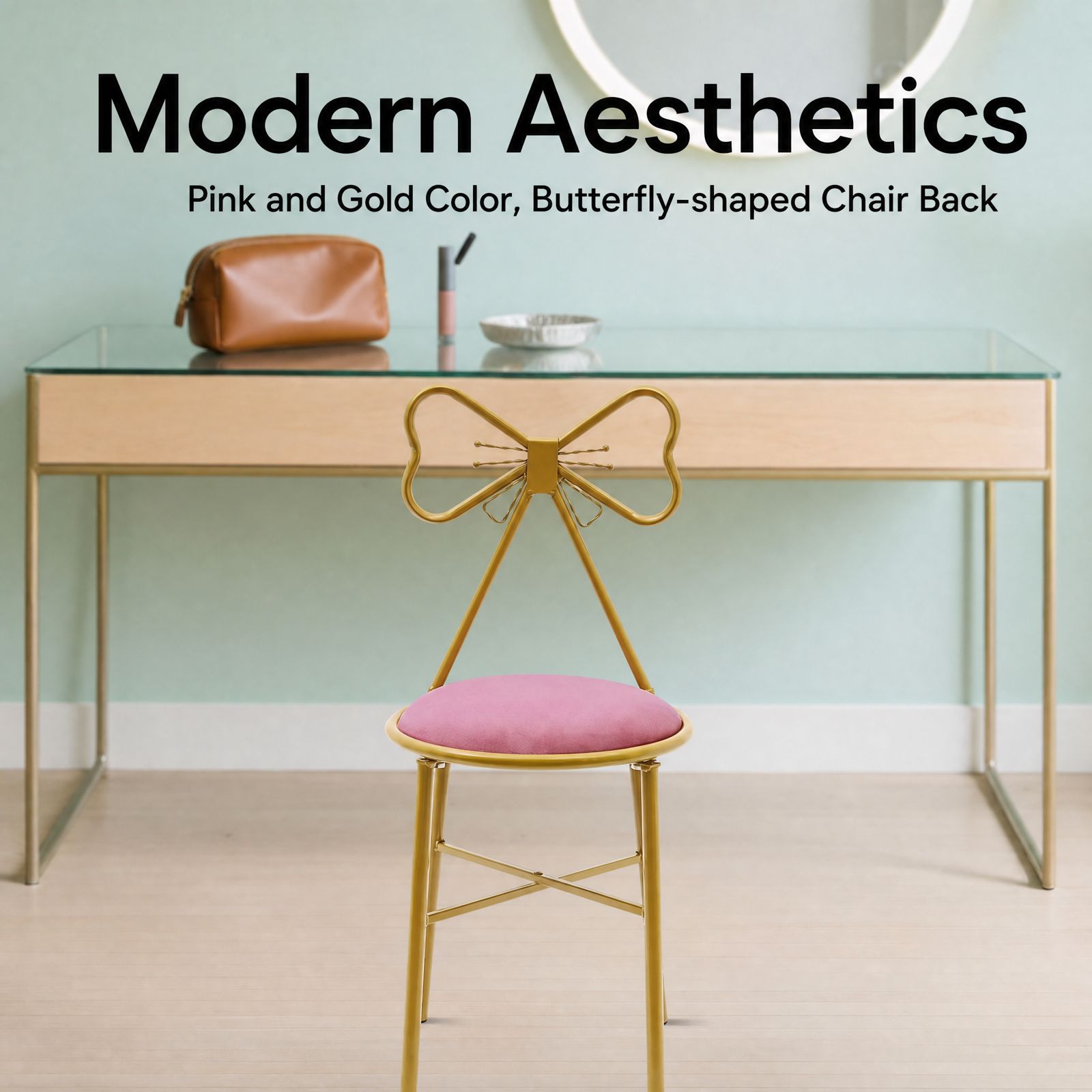 ピンクの蝶の背もたれ付き化粧椅子 ゴールドプラスチック塗装鉄 - Home Decor Furniture のレビューと価格